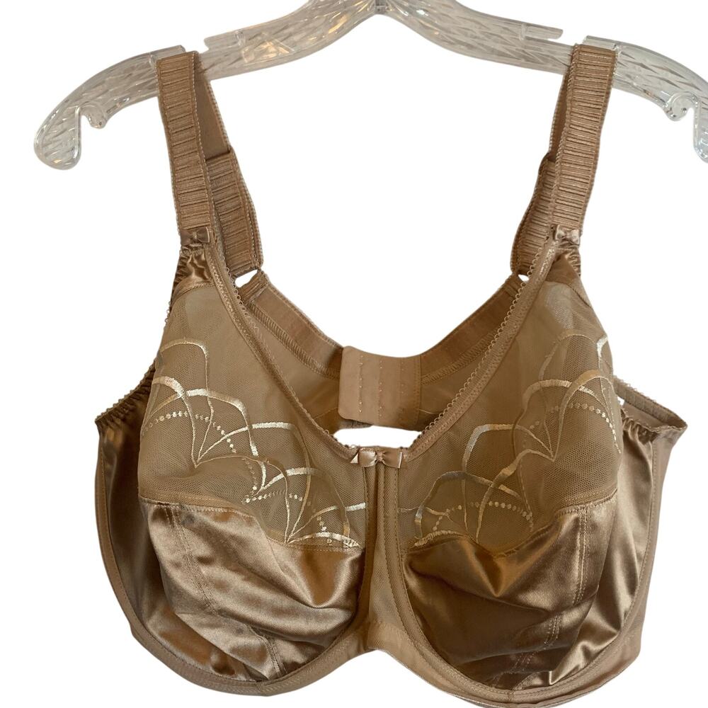Elomi Womens 42I Tan Lace Satin Underwire Bra Floral Embroidered Full Figure
